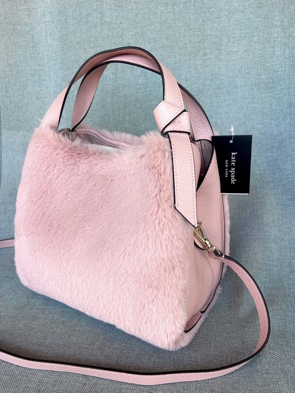 Kate Spade Knott French Rose faux fur Leather combo satchel crossbody strap NWT